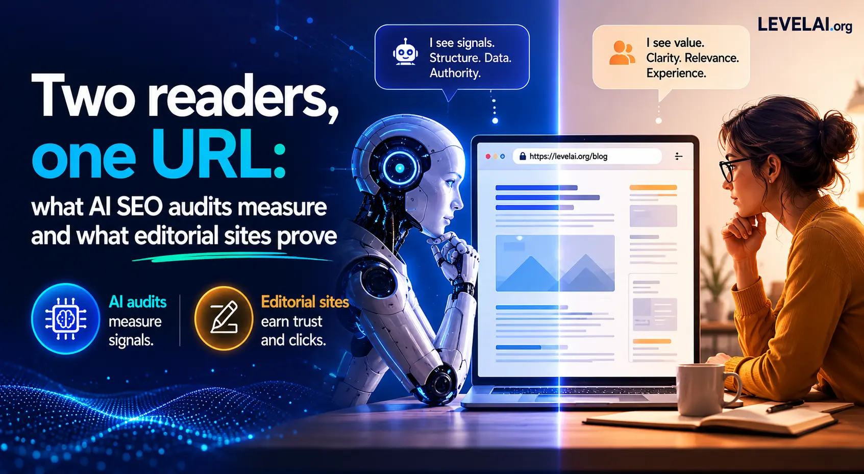 Two readers, one URL: what AI SEO audits measure and what editorial sites prove