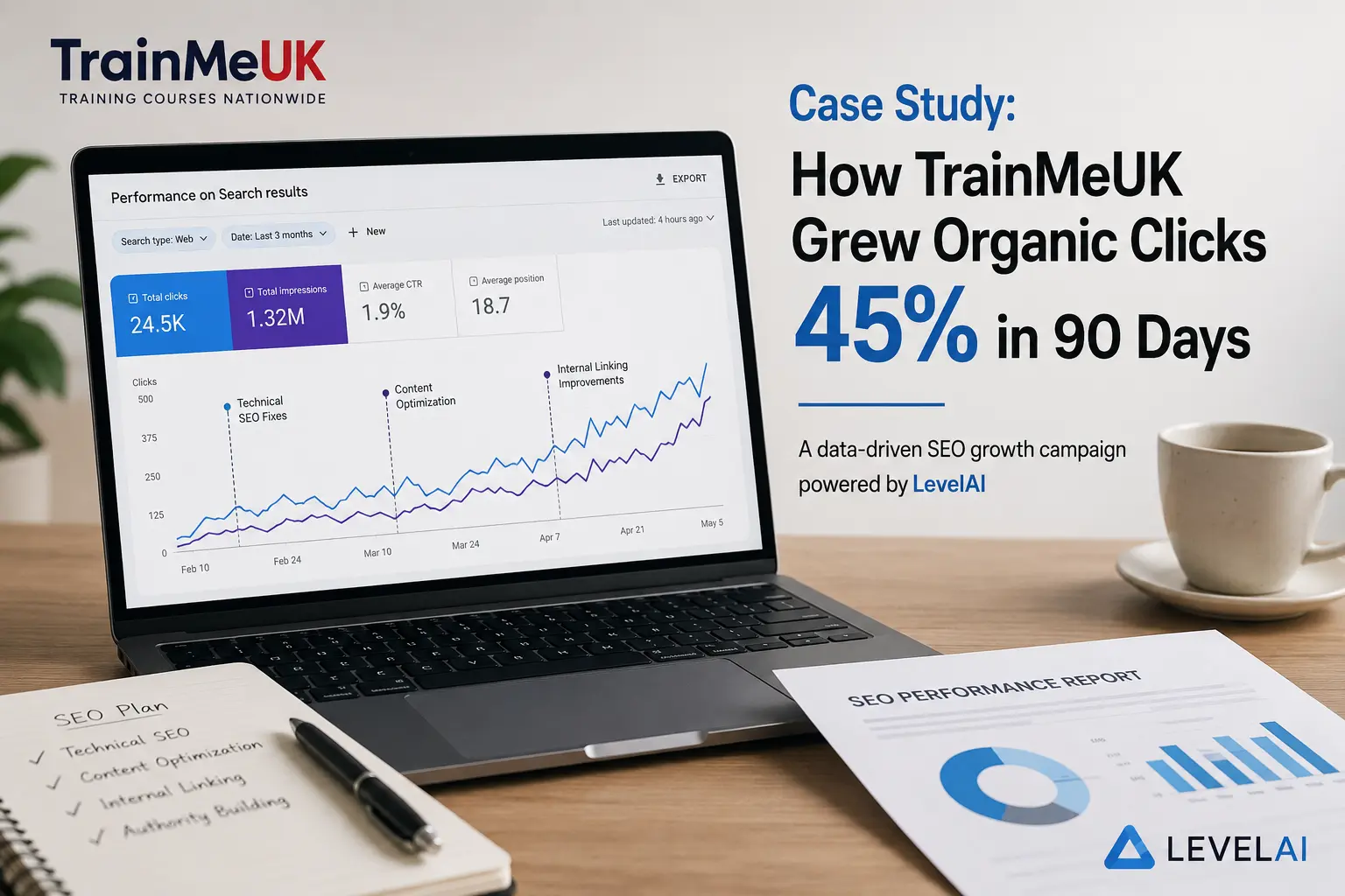 Case Study: How TrainMeUK Grew Organic Clicks 45% in 90 Days with LevelAI